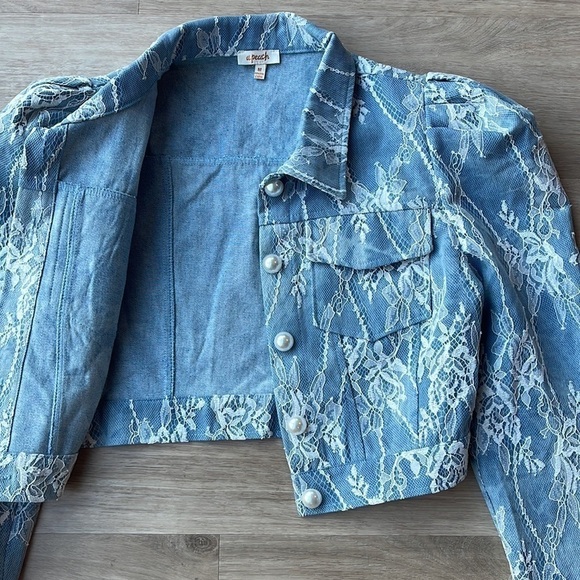 Vici Denim Lace Puff Sleeve Cropped Jacket 80’s inspired coquette size M - Picture 2 of 10